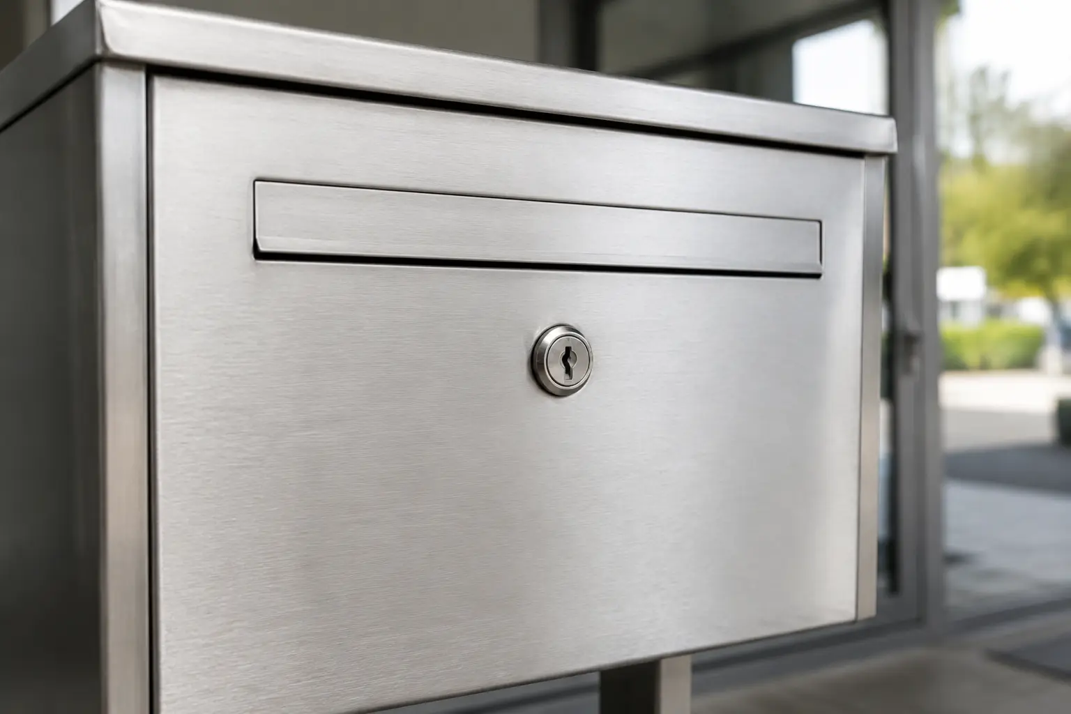 AI-illustratie van een metalen brievenbus met briefopening en rond sleutelslot